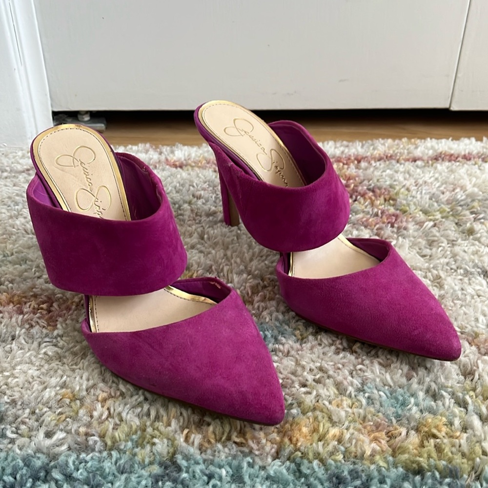 Hot pink pink suede mule strappy high heel, Jessica Simpson, 8.5